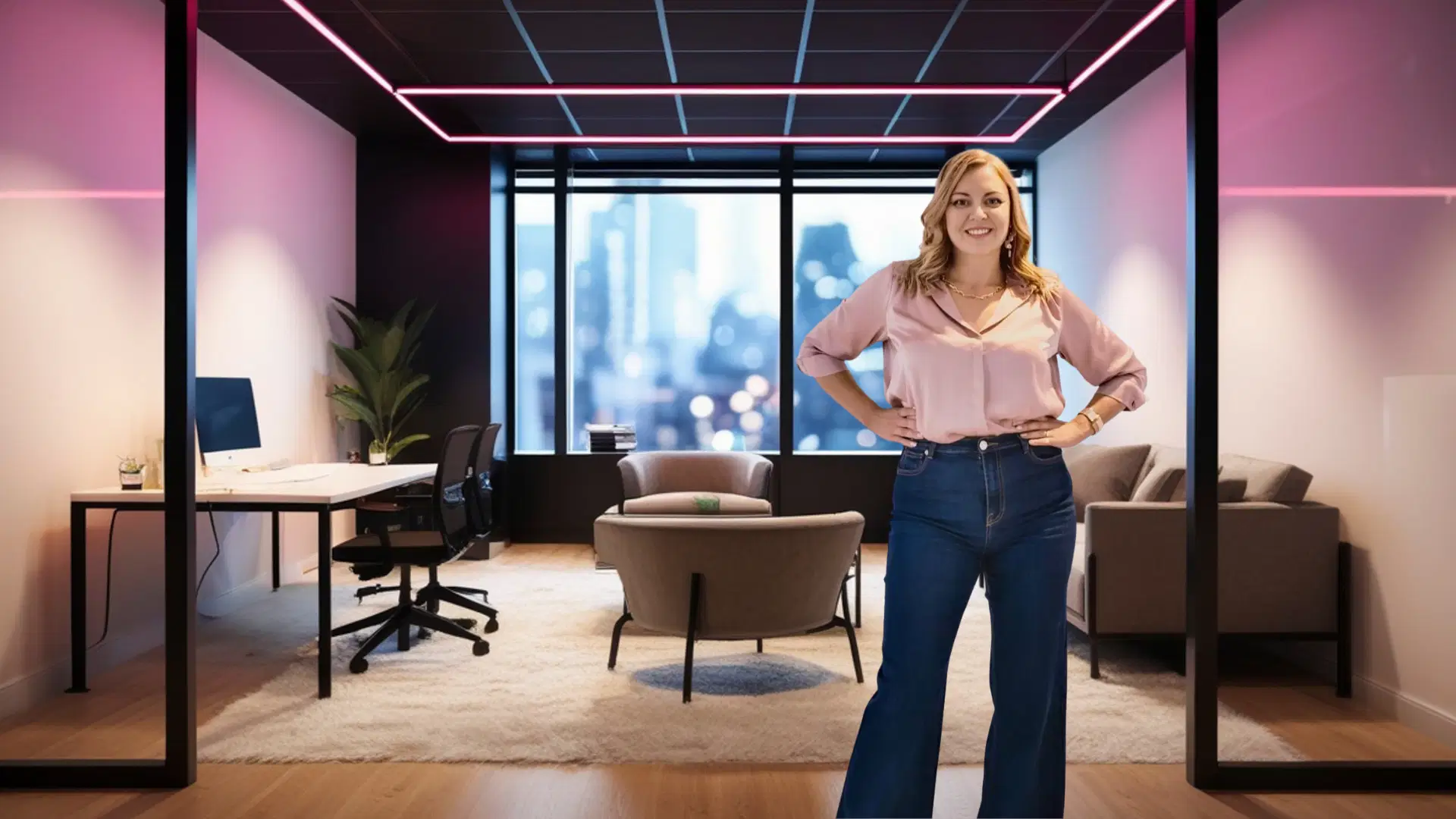Andrea Florescu standing confidently in a modern office with pink lighting representing strategic AI leadership