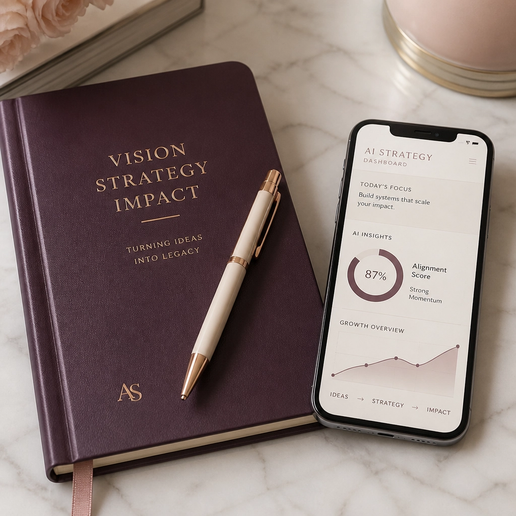 Vision Strategy Impact journal alongside an AI strategy dashboard showing 87% alignment score — bridging ideas to execution
