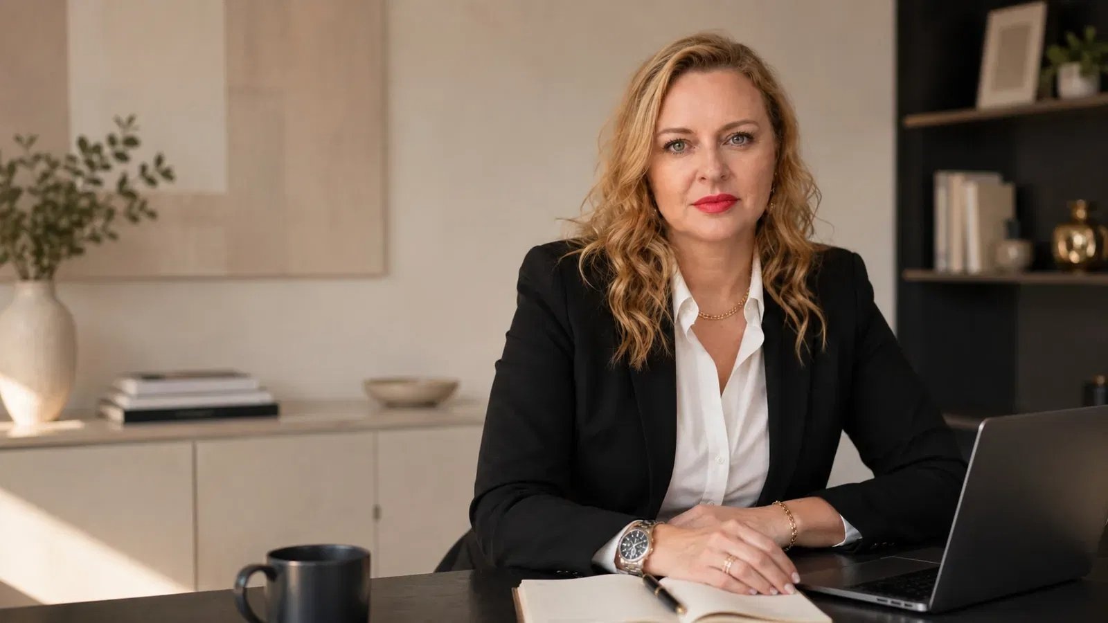 Andrea Florescu seated at a desk with a laptop and notebook, in professional business attire, representing focused strategic consulting work