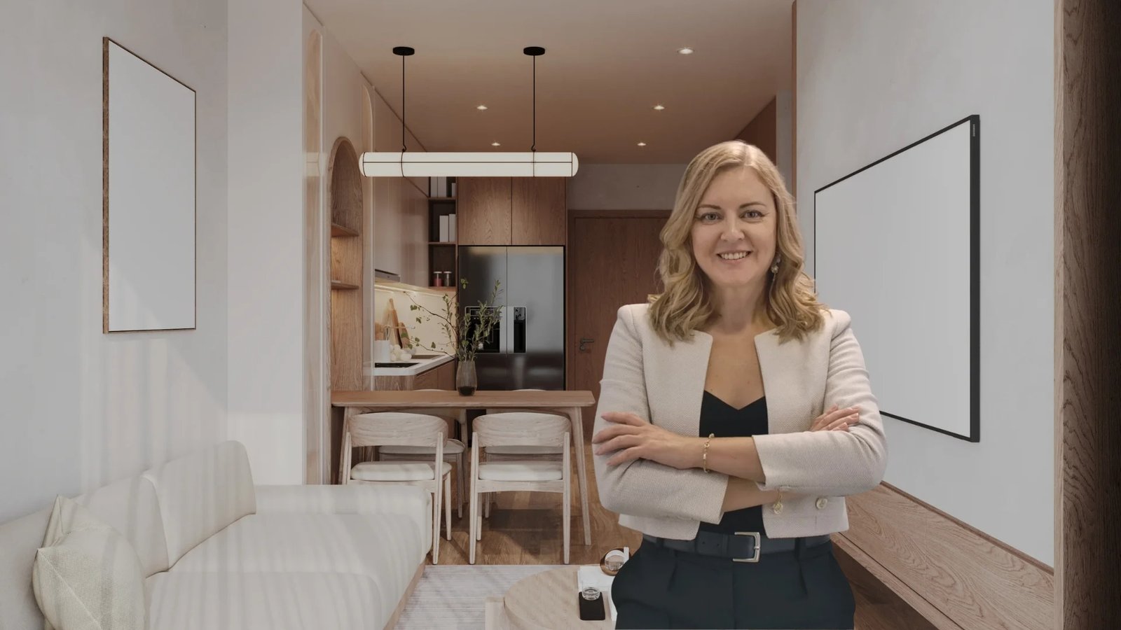 Andrea Florescu smiling with arms crossed in a modern office setting — representing an approachable, embedded execution partner for women-led businesses in Seattle