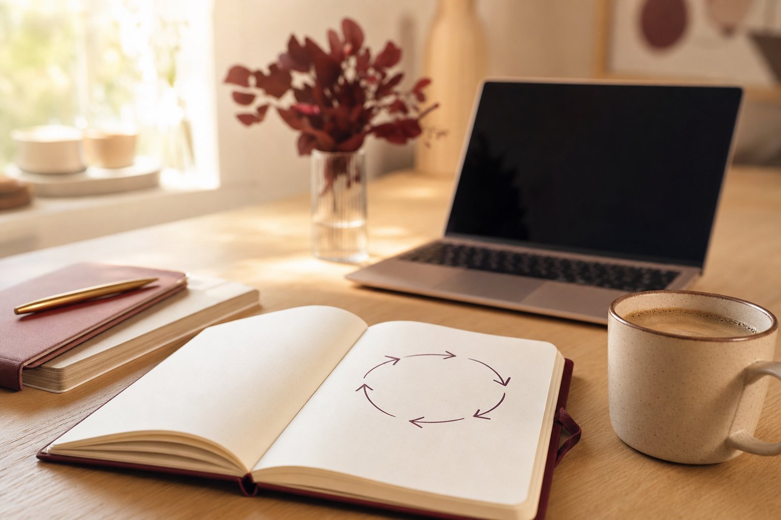 Open notebook on a desk with a hand-drawn circular loop diagram, coffee, and a laptop — representing the self-reinforcing Dependency Loop that keeps founders at the center of every decision