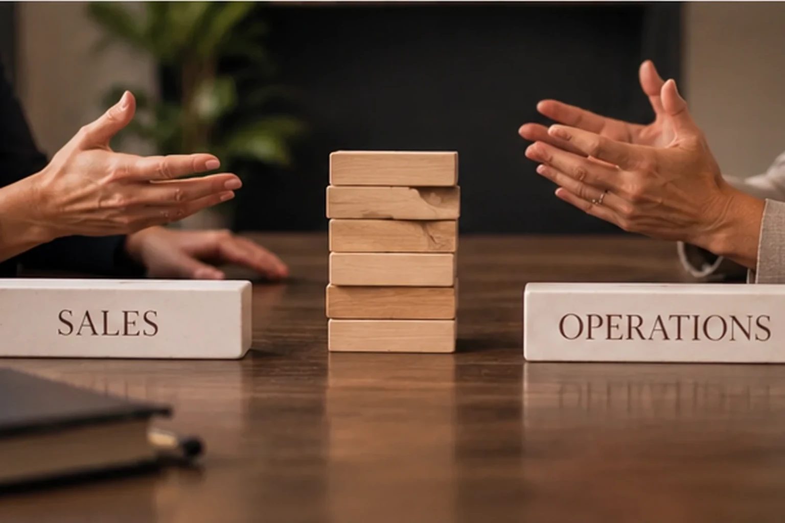 Hands gesture toward a stack of wooden blocks sitting on a table between a Sales sign and an Operations sign.
