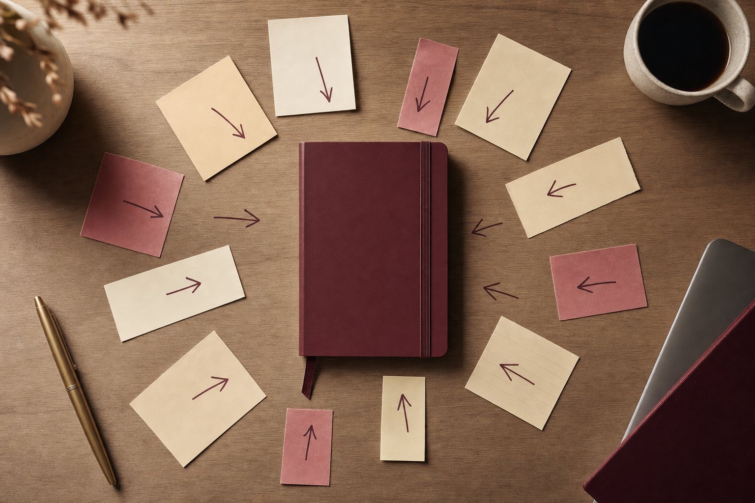 Sticky notes with arrows all pointing toward a single closed notebook on a desk — representing how every decision in a founder-dependent business routes back to one person