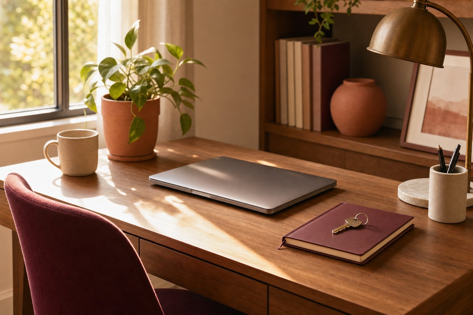 Tidy desk with a closed laptop, a house key resting on a notebook, and warm afternoon light — representing a founder stepping away while the business keeps running smoothly