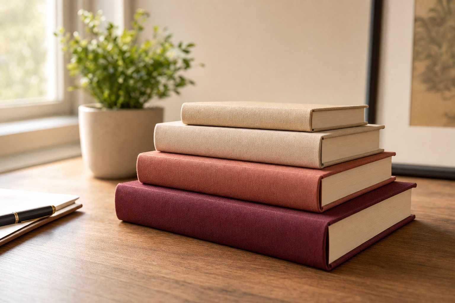 Four hardcover books stacked from largest to smallest on a desk — representing the layered foundation of the Four Layers framework for building a self-running business