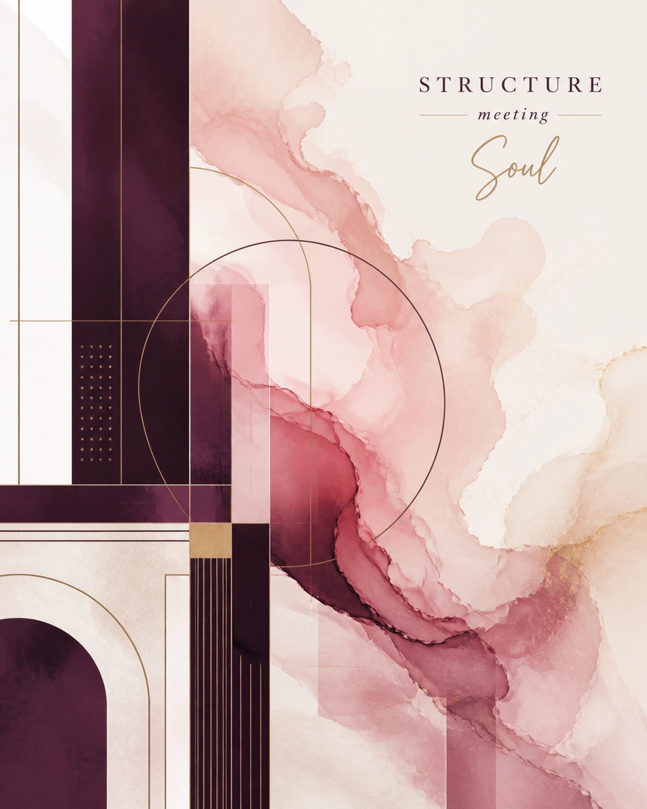 Abstract artwork showing Structure meeting Soul in deep plum and blush tones representing the balance of systems and creativity
