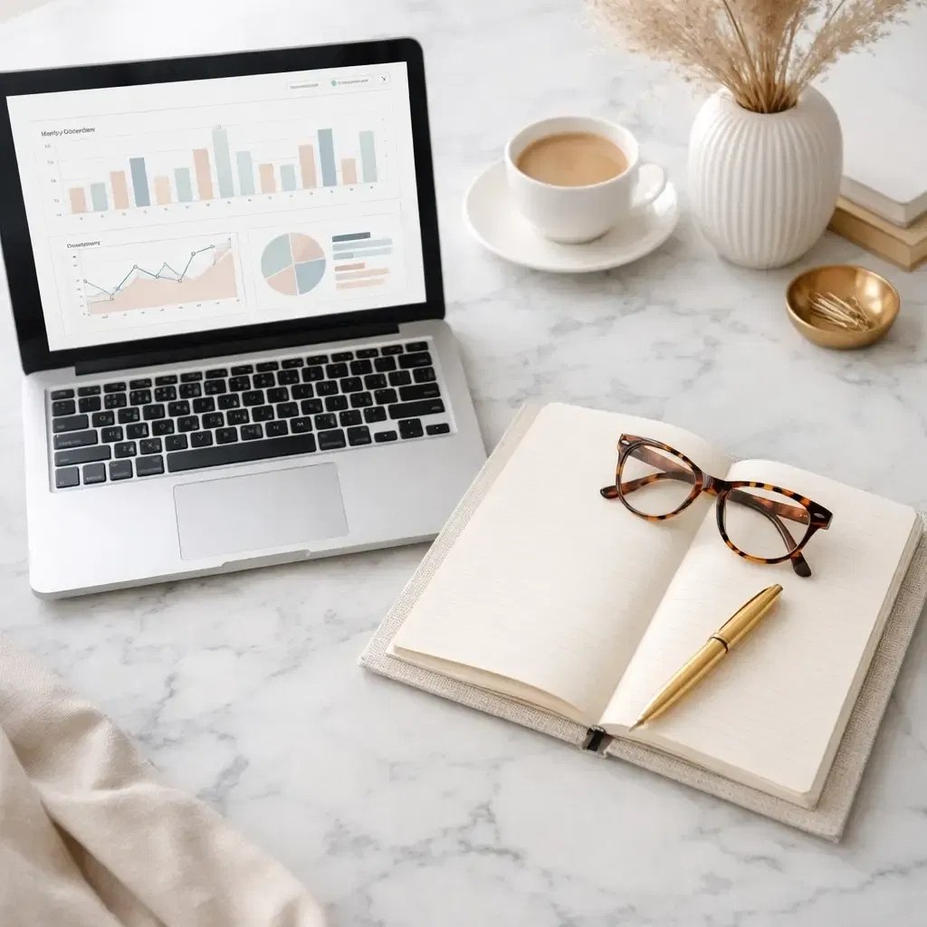 Laptop displaying revenue and cash flow charts beside a journal and coffee — representing the data review at the center of a mid-year business review