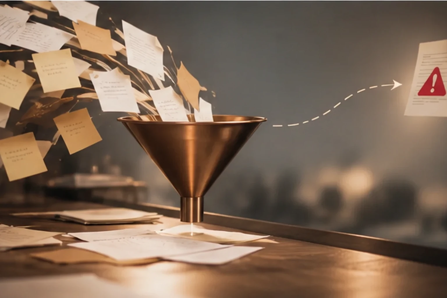A stream of paper notes pours into a copper funnel on a desk, while a single warning document sits apart, off to the side.
