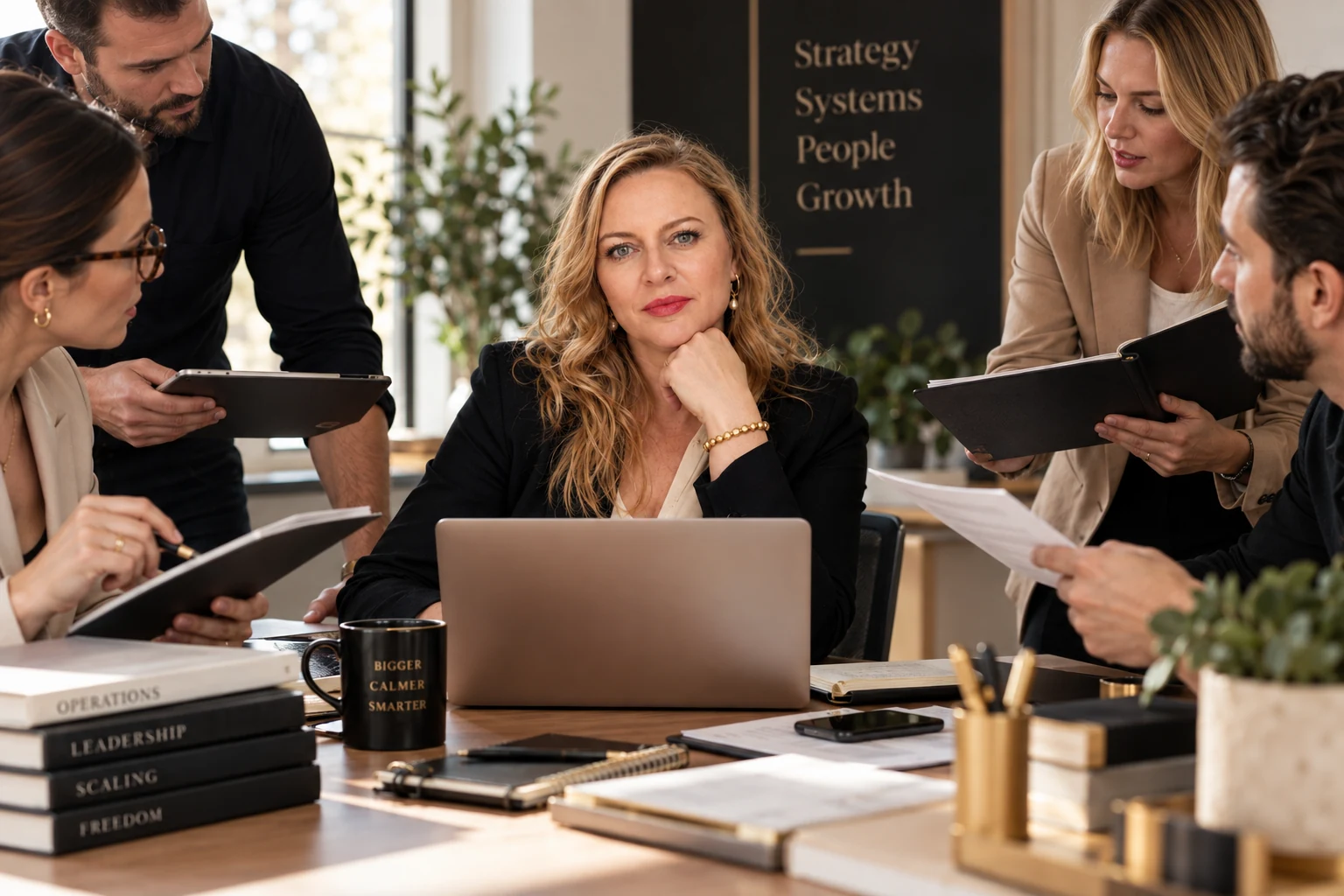 Team members bring notebooks, a tablet and paperwork to a seated business owner for decisions.