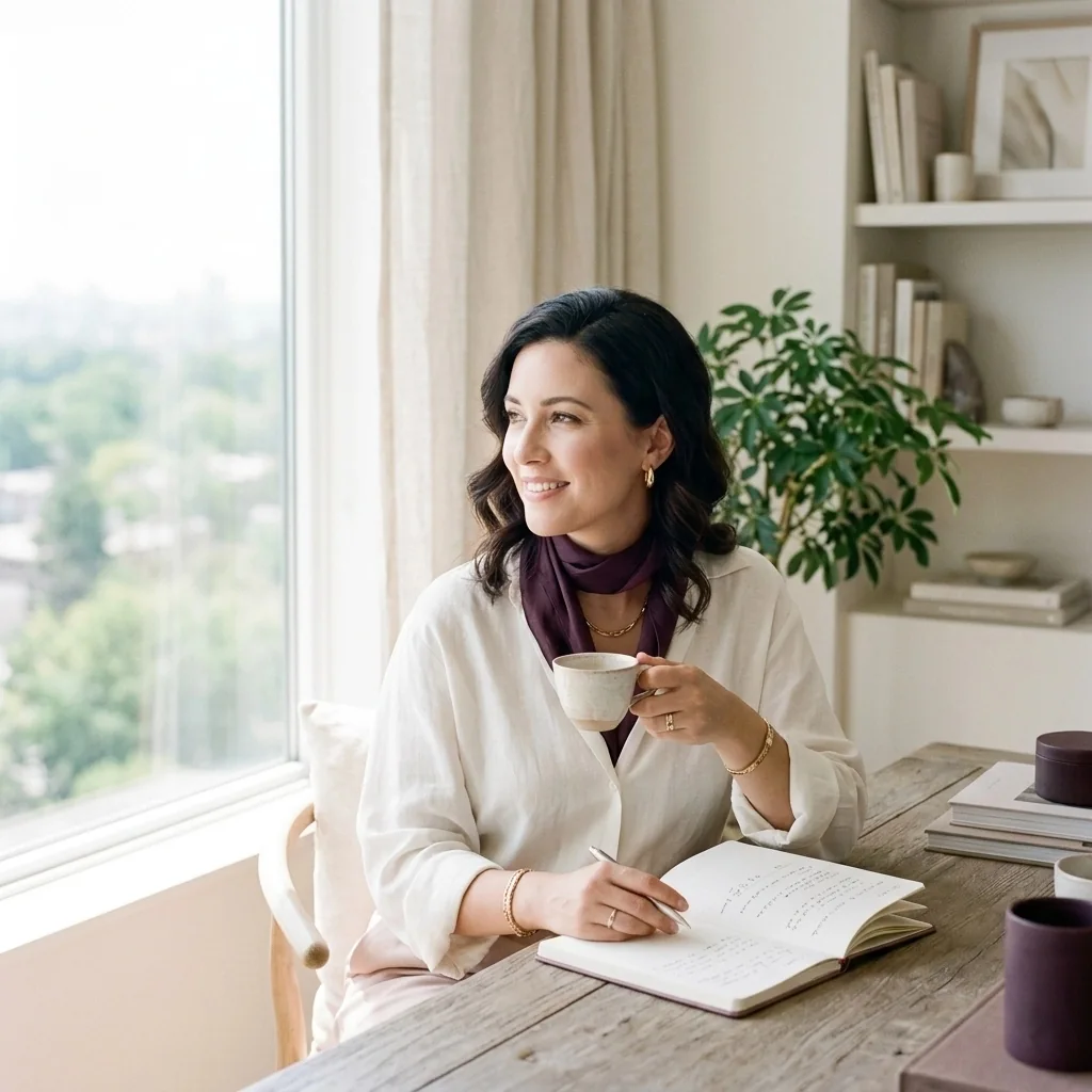 Leader in a linen shirt and burgundy scarf, smiling toward a window with a coffee cup in hand and an open journal — a moment of strategic reflection