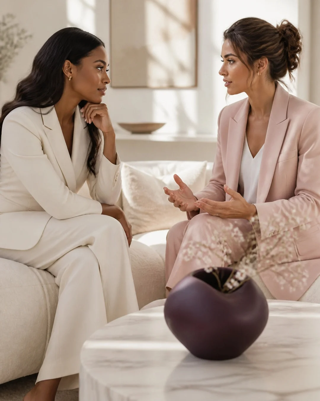 Two women in a quiet conversation across a marble coffee table — strategy meeting empathy in a sunlit living room