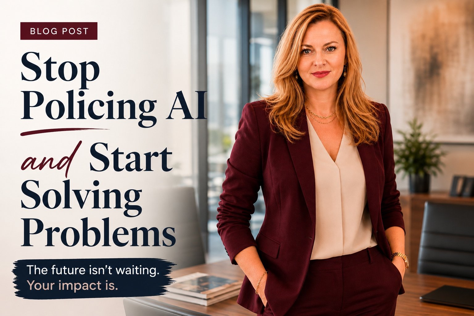 Andrea Florescu with text: Stop Policing AI and Start Solving Problems — The future isn't waiting. Your impact is.