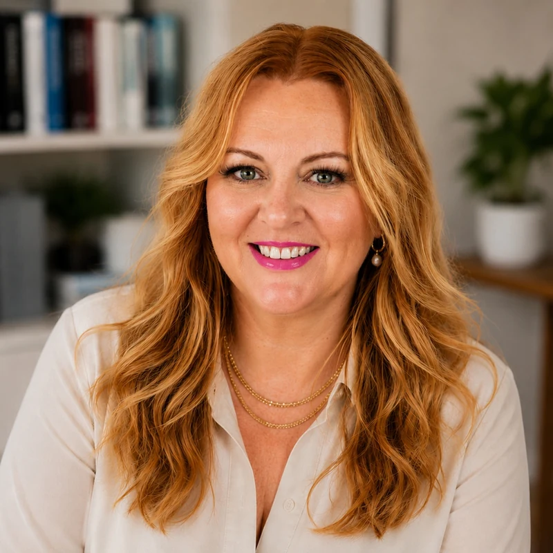 Andrea Florescu, business strategy consultant, seated at a desk with a laptop and journal — Stop Selling Start Connecting