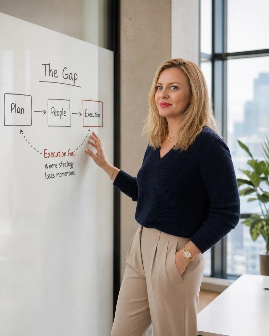 Andrea Florescu pointing to a whiteboard diagram of 'The Gap' — showing Plan, People, and Execution stages — illustrating where strategy loses momentum in organizations