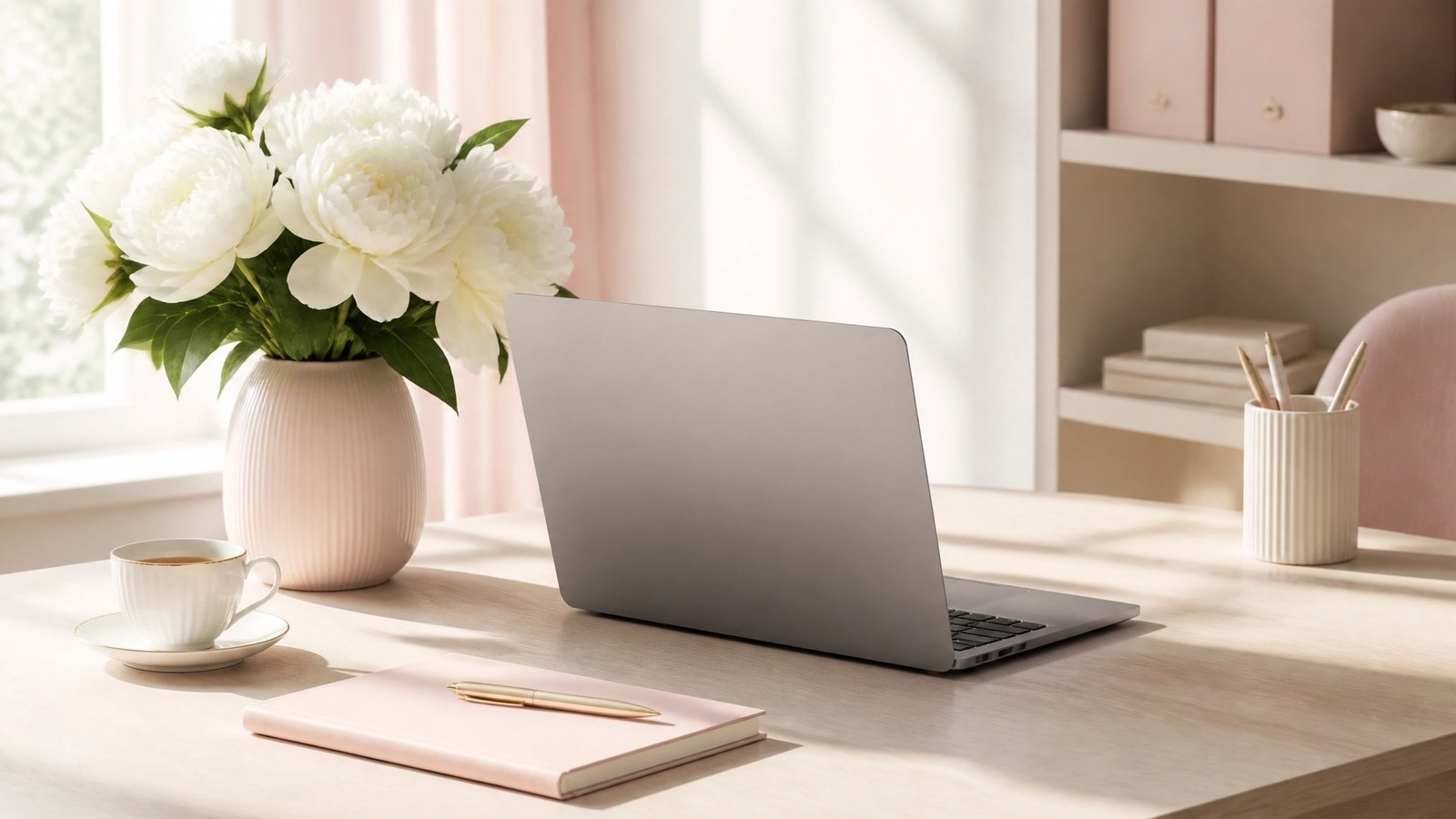 Calm feminine workspace with laptop and peonies — 10 Reasons Your Tech Stack Is Creating More Work