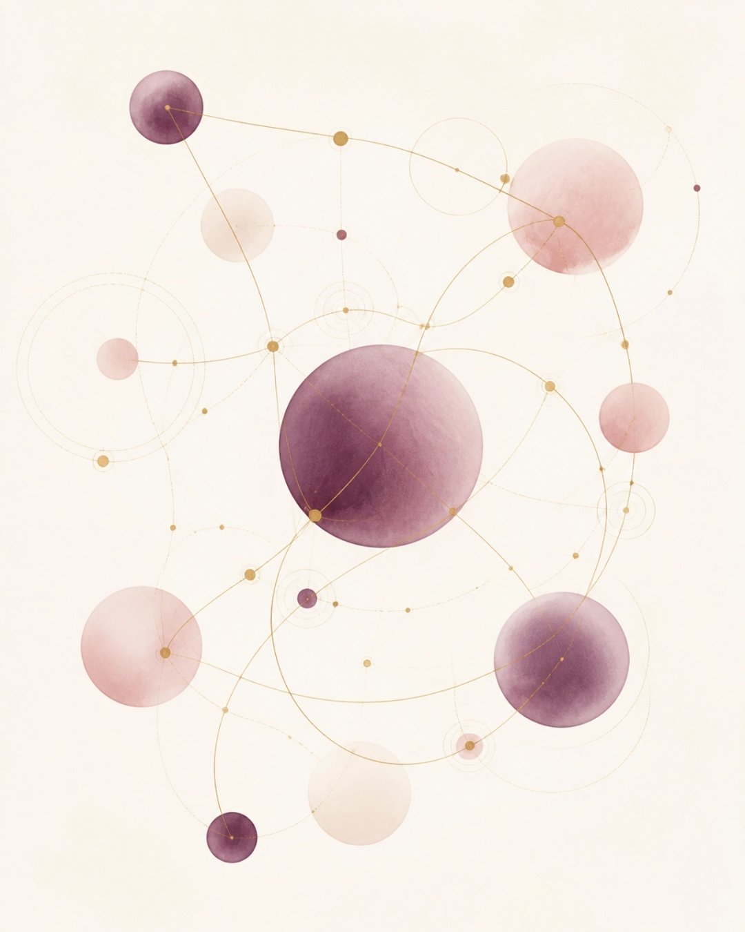 Abstract watercolor illustration of burgundy and blush orbs connected by gold lines and orbits — visual representation of how integrated systems eliminate data silos