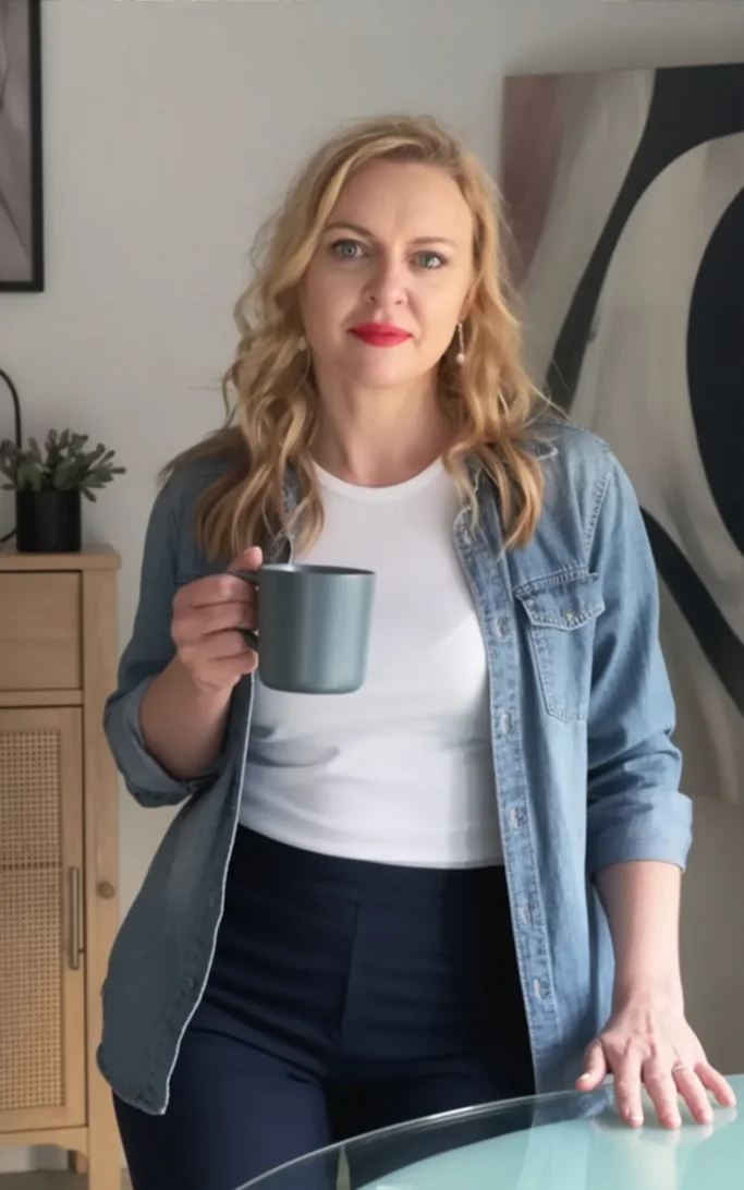 Strategist in a denim shirt and white tee holding a coffee mug, calm and confident in a softly-lit room — grounded leadership before action