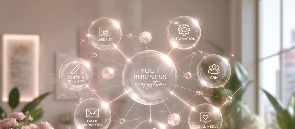 Illustration of a connected business ecosystem with bubbles labeled Website, Automation, CRM, Content Creation, Email Marketing, Social Media — orbiting a central Your Business Ecosystem node