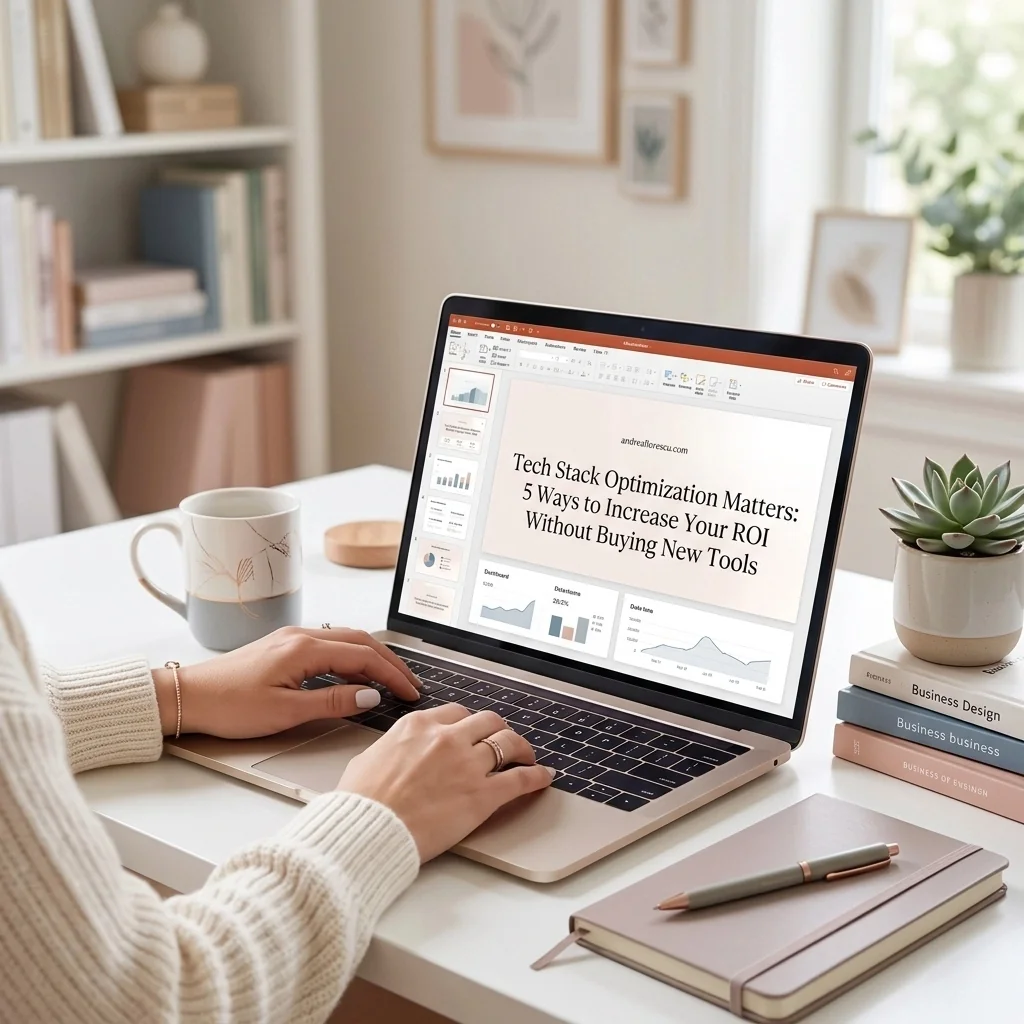 Laptop screen displaying the article title 'Tech Stack Optimization Matters: 5 Ways to Increase Your ROI' alongside a coffee mug and notebook