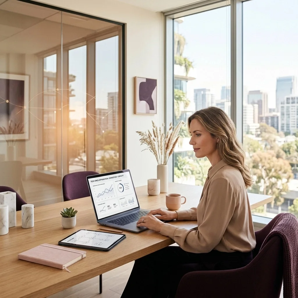 Founder reviewing connected business dashboards on a laptop at golden hour — calm, focused, in flow