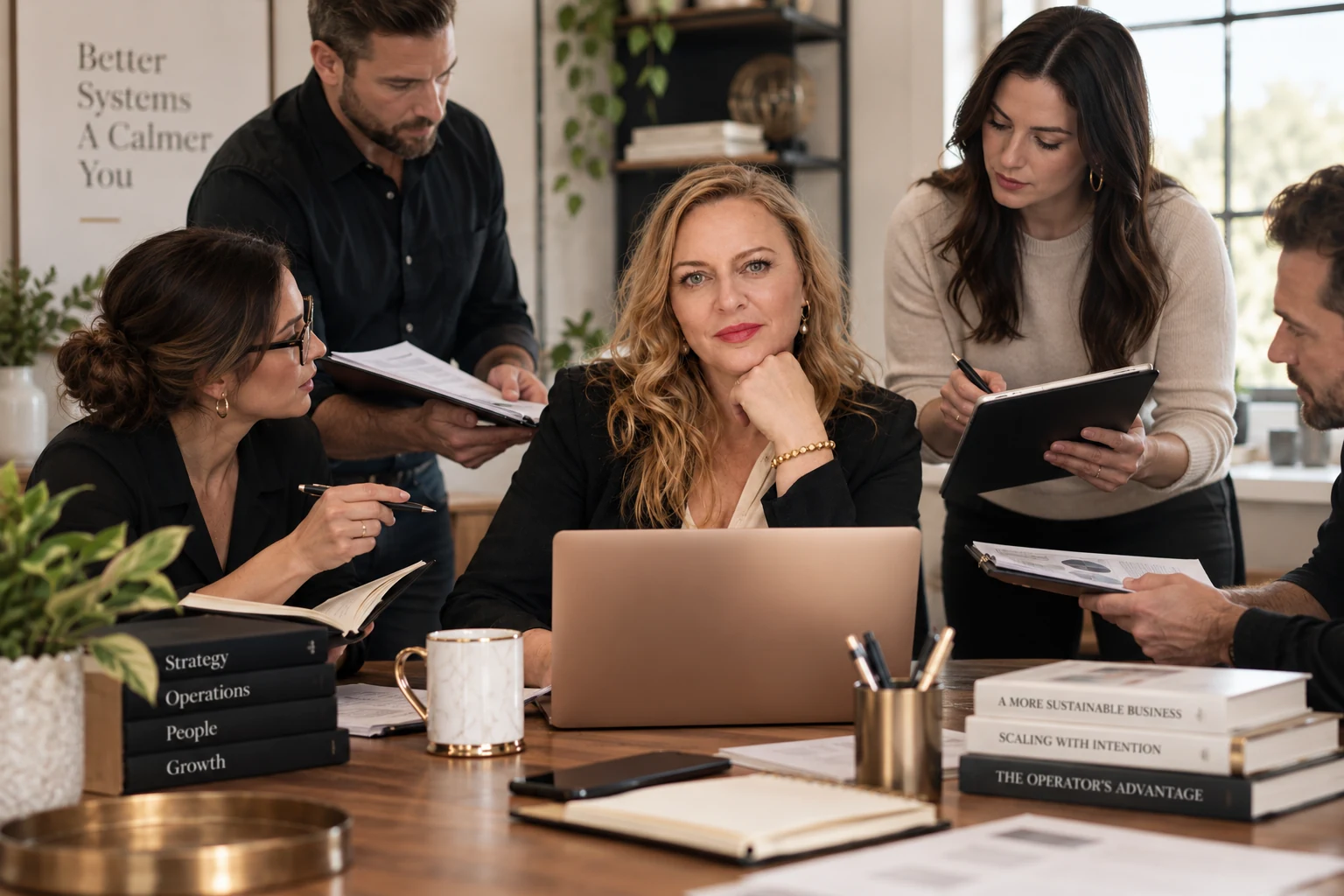 A business owner remains at the center of her team as colleagues gather with notebooks and reports.