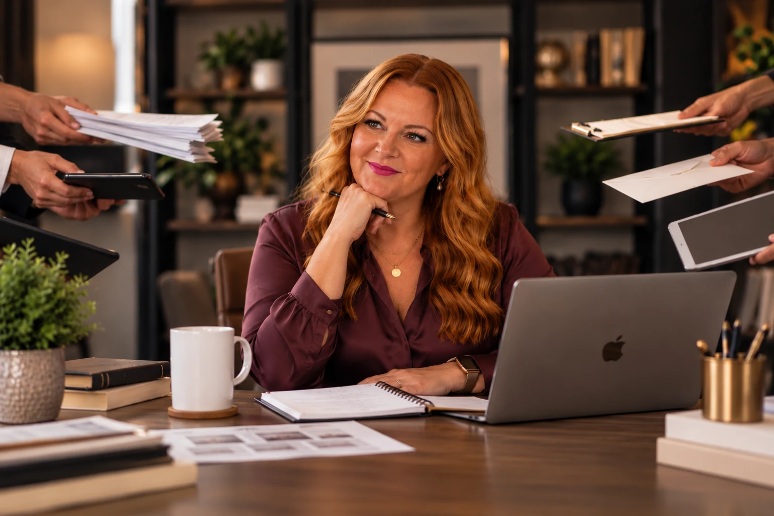 A business owner sits at her desk with a laptop and notebook, calmly considering several documents, a phone and a tablet being held out toward her from both sides.