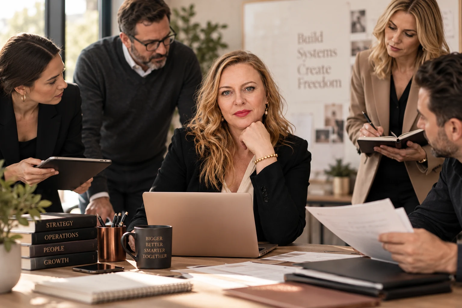 A business owner at her laptop surrounded by four team members holding documents and awaiting direction.