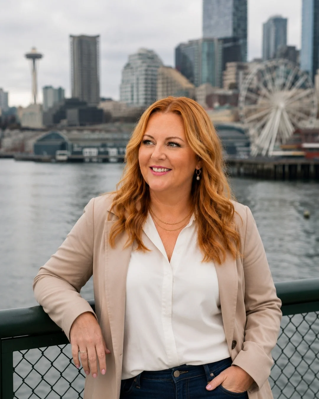 Andrea Florescu on the Seattle waterfront, representing her Pacific Northwest client base