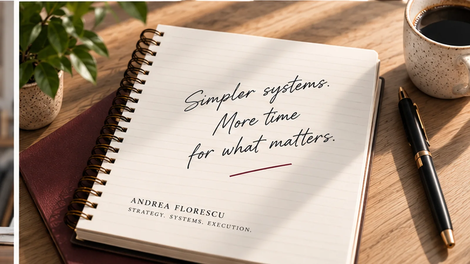 Notebook with the message &ldquo;Simpler systems. More time for what matters.&rdquo; on a warm editorial desk.