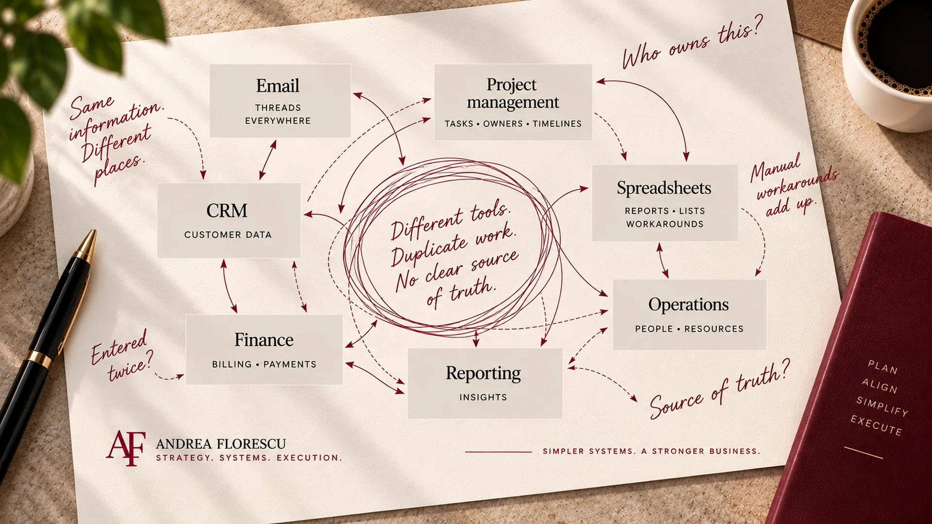 Diagram showing disconnected business systems including CRM, project management, spreadsheets, finance, reporting and operations with duplicate work and no clear source of truth.