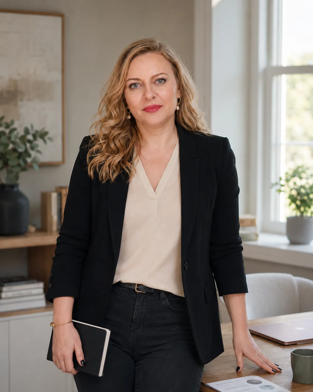 Andrea Florescu working with a notebook in an office setting.