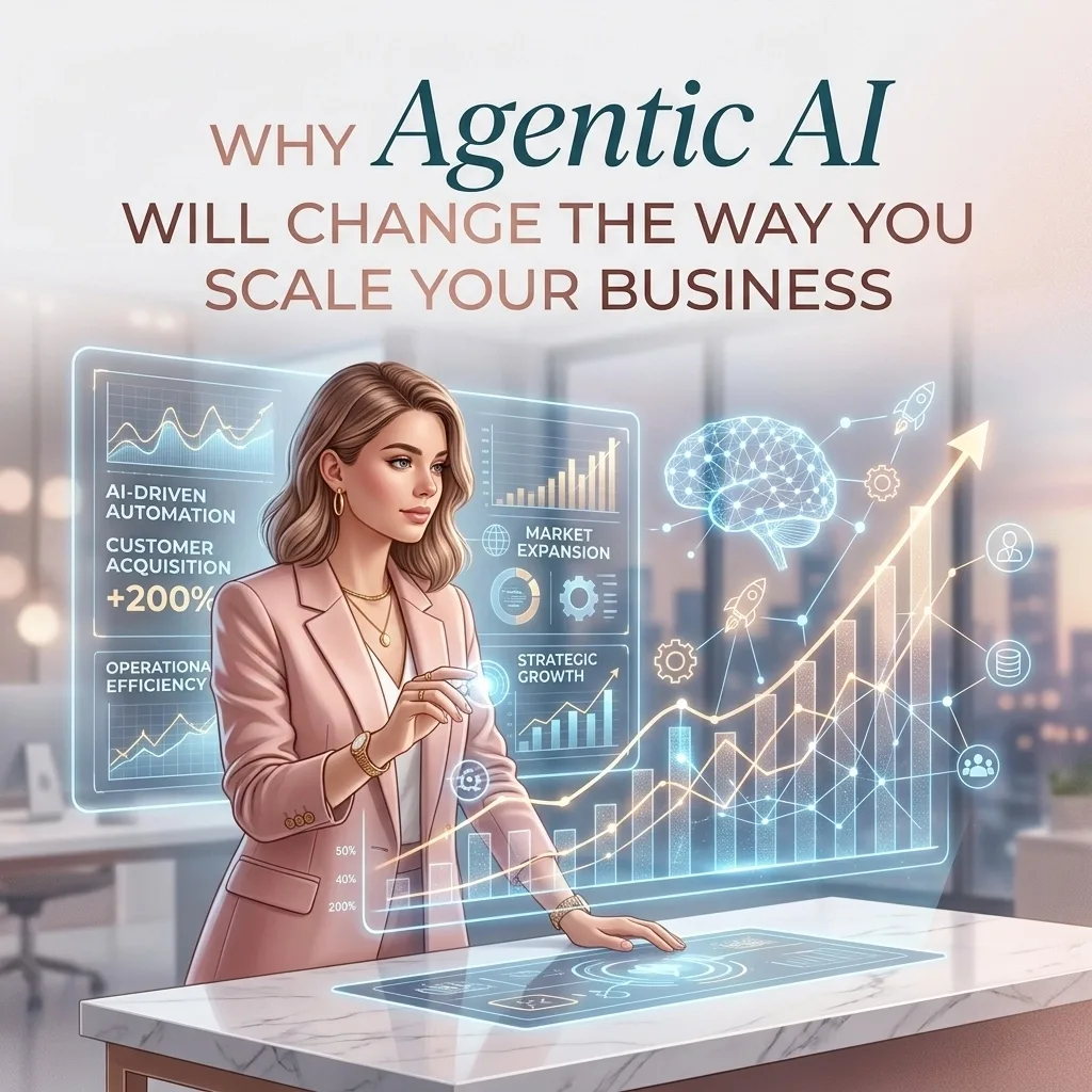 Woman in pink blazer reviewing AI-driven business metrics on holographic screens showing market expansion, strategic growth, and operational efficiency