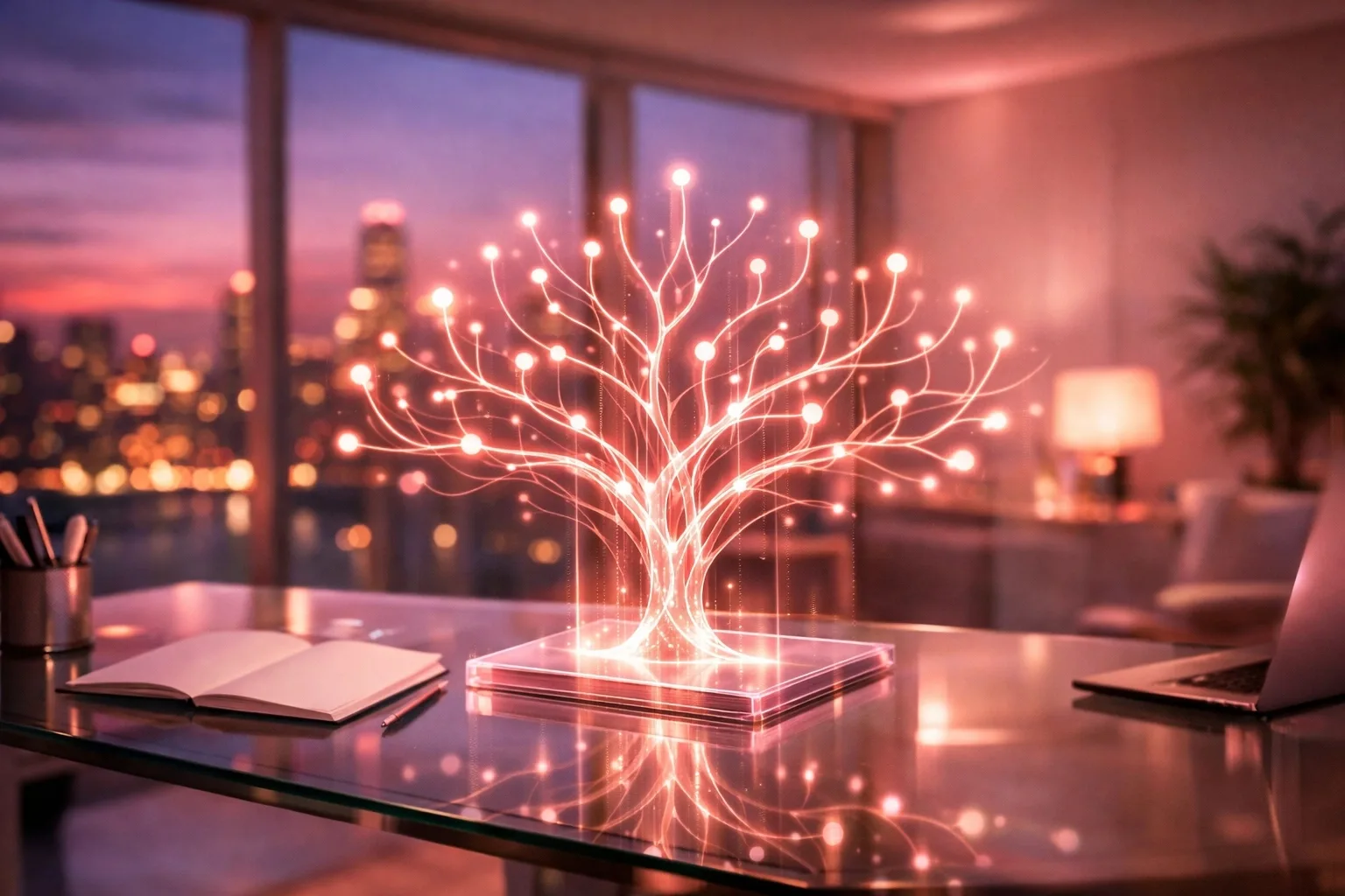 Glowing neural network tree rising from a tablet on a desk, representing intelligent autonomous AI branching into complex decisions