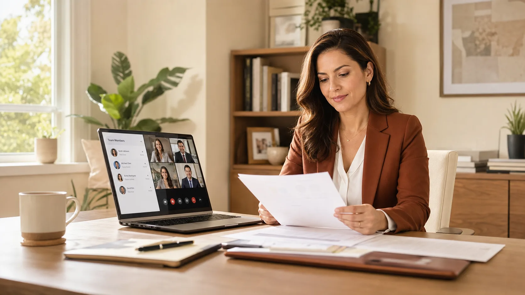 Professional woman in a rust-colored blazer reviewing remote team documents at a home office desk with a video call grid visible on her laptop screen