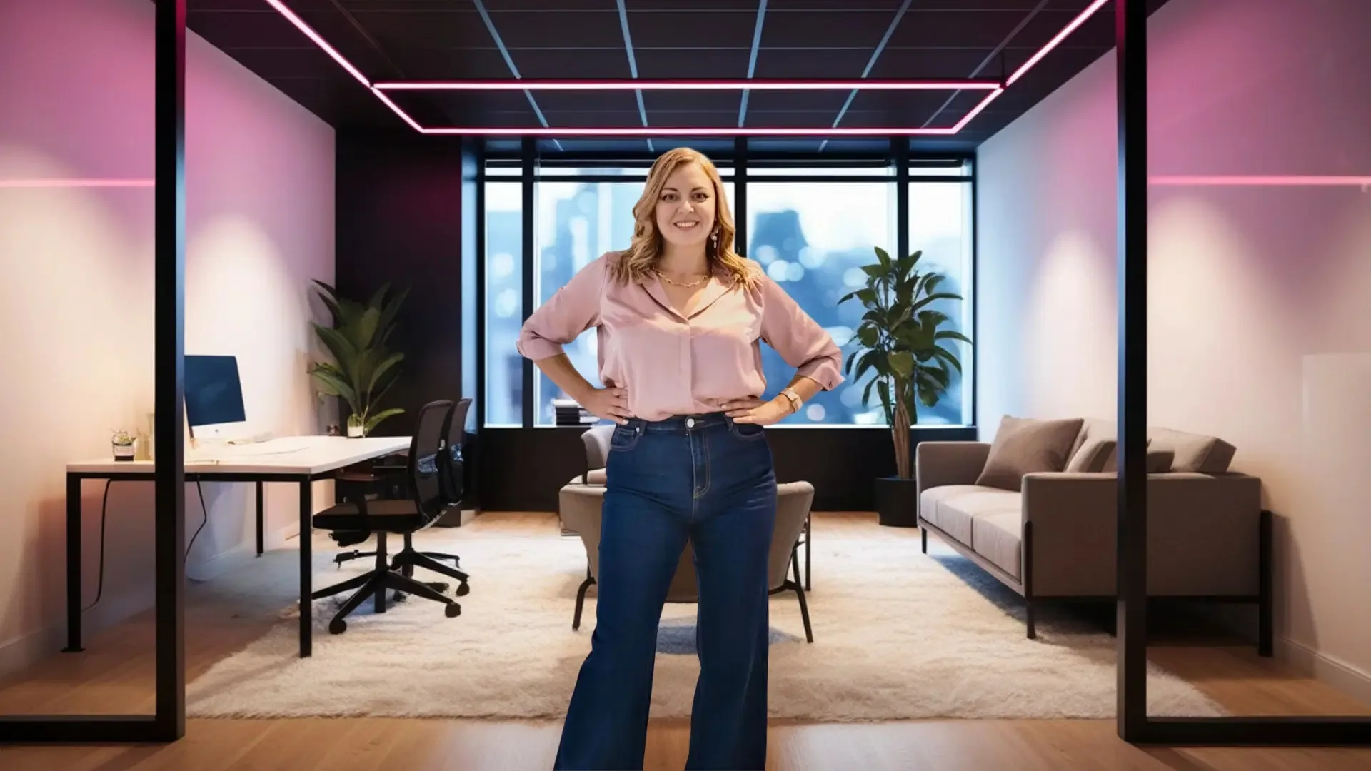 Woman standing confidently in a modern office environment, ready to take action