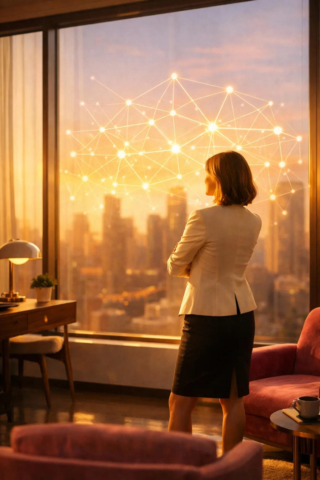 Woman gazing at a glowing network of connected nodes over a city skyline, representing a unified tech ecosystem