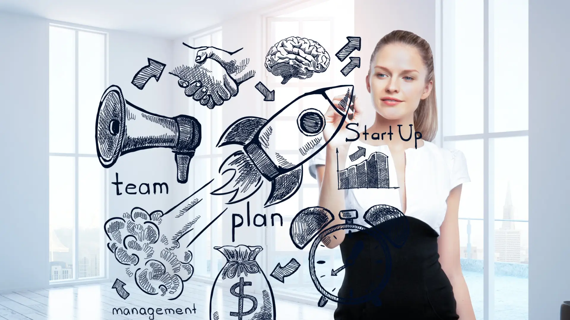 A confident woman entrepreneur working on a board symbolizing AI in business and where AI can improve her business