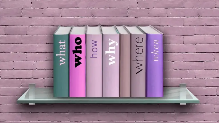 Books labeled what, who, how, why, where, and when on a shelf, representing the fundamental questions of a strong brand growth strategy.