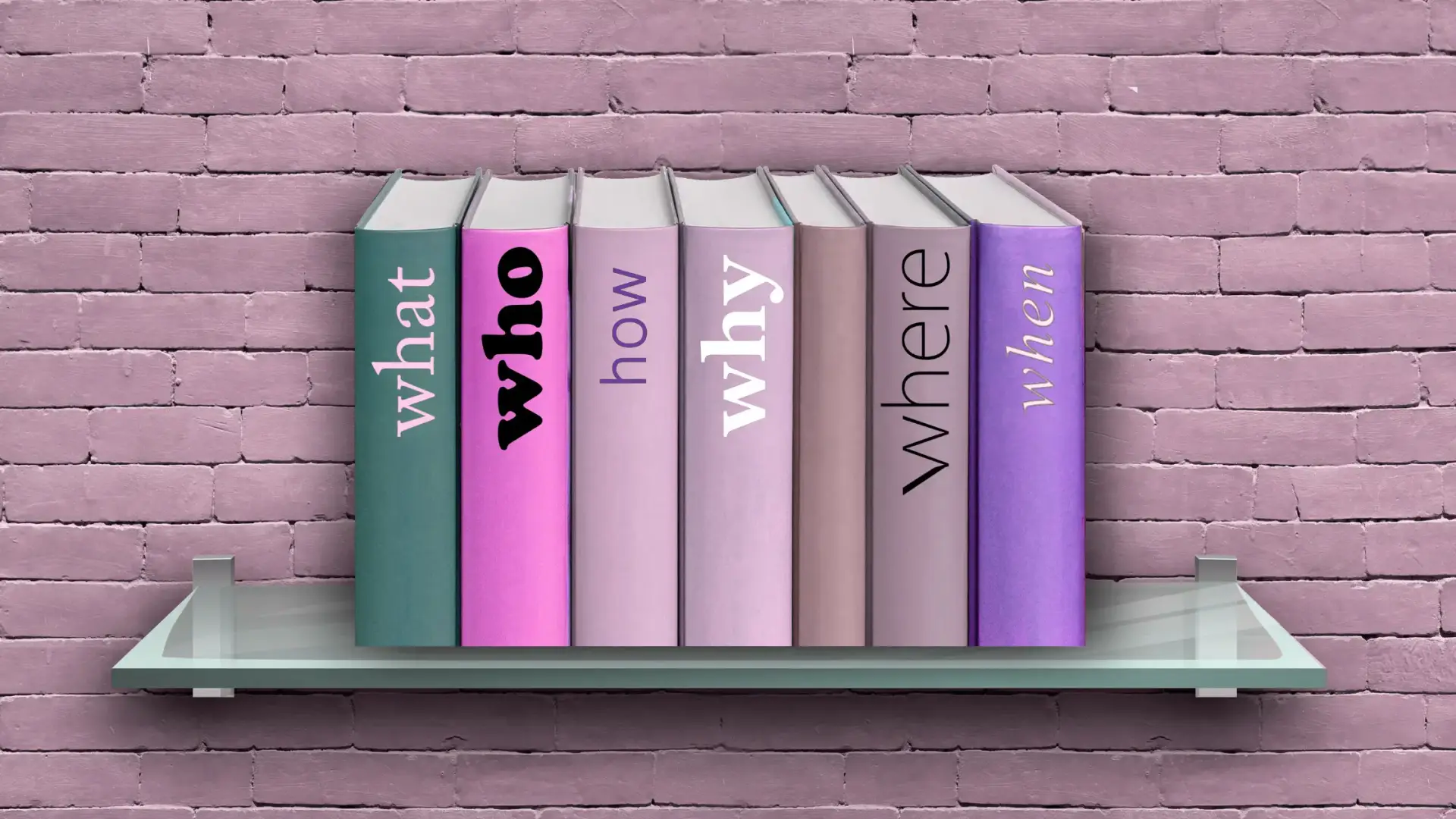 Books labeled what, who, how, why, where, and when on a shelf, representing the fundamental questions of a strong brand growth strategy.