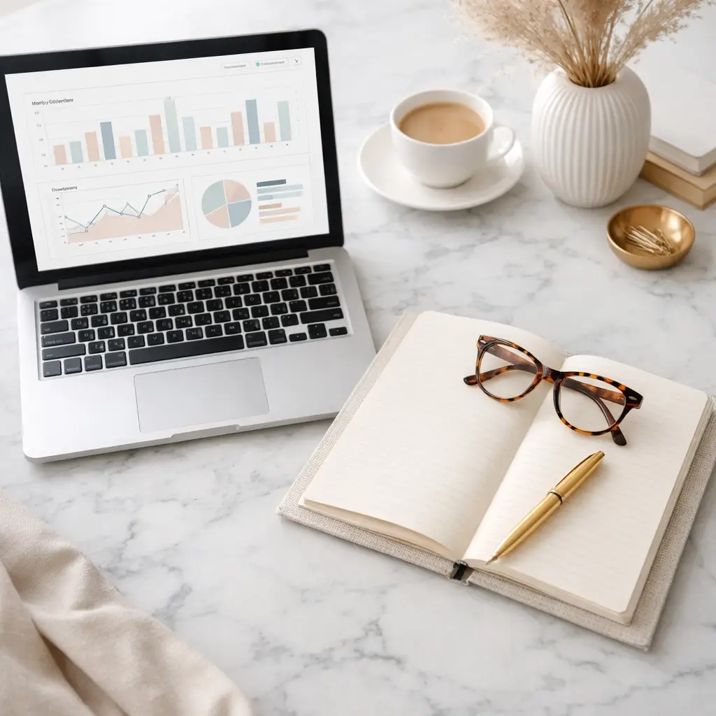 Laptop displaying business analytics charts and graphs on a marble desk alongside an open notebook, glasses, gold pen, and coffee