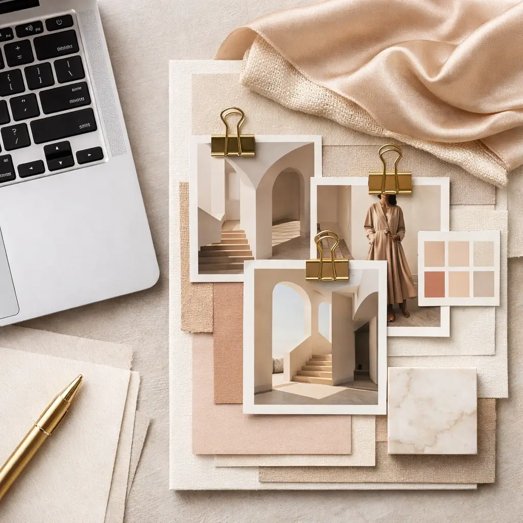 Elegant neutral-toned mood board with architectural photos, fabric swatches, a marble tile, gold binder clips, and a laptop beside a gold pen, representing the intentional craft and strategic systems behind business mastery