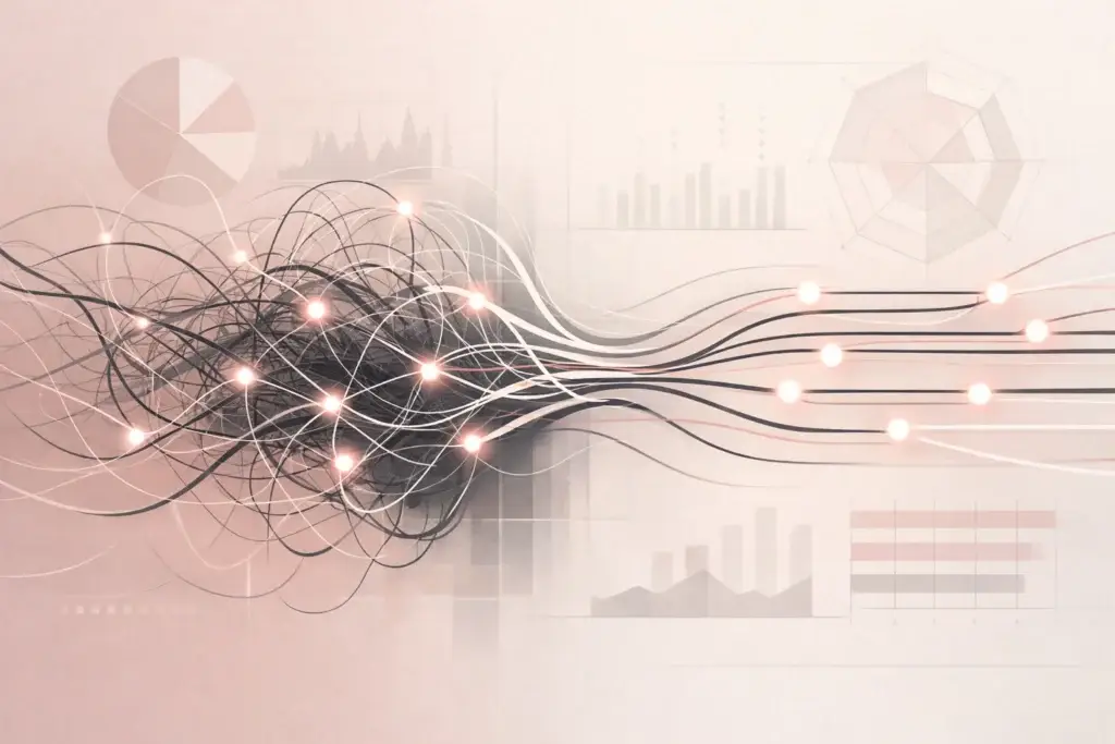 Neural network untangling into organized data streams and business charts — dopamine loop and neuroplasticity driving business growth strategy