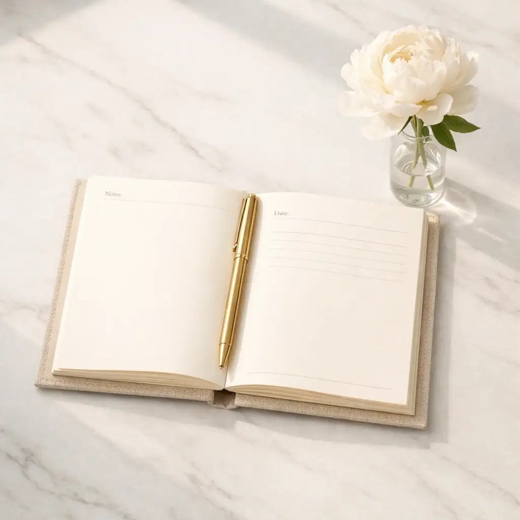 Open linen-bound notebook with a gold pen on a white marble surface beside a white peony in a glass vase, representing intentional planning and strategic clarity in business growth