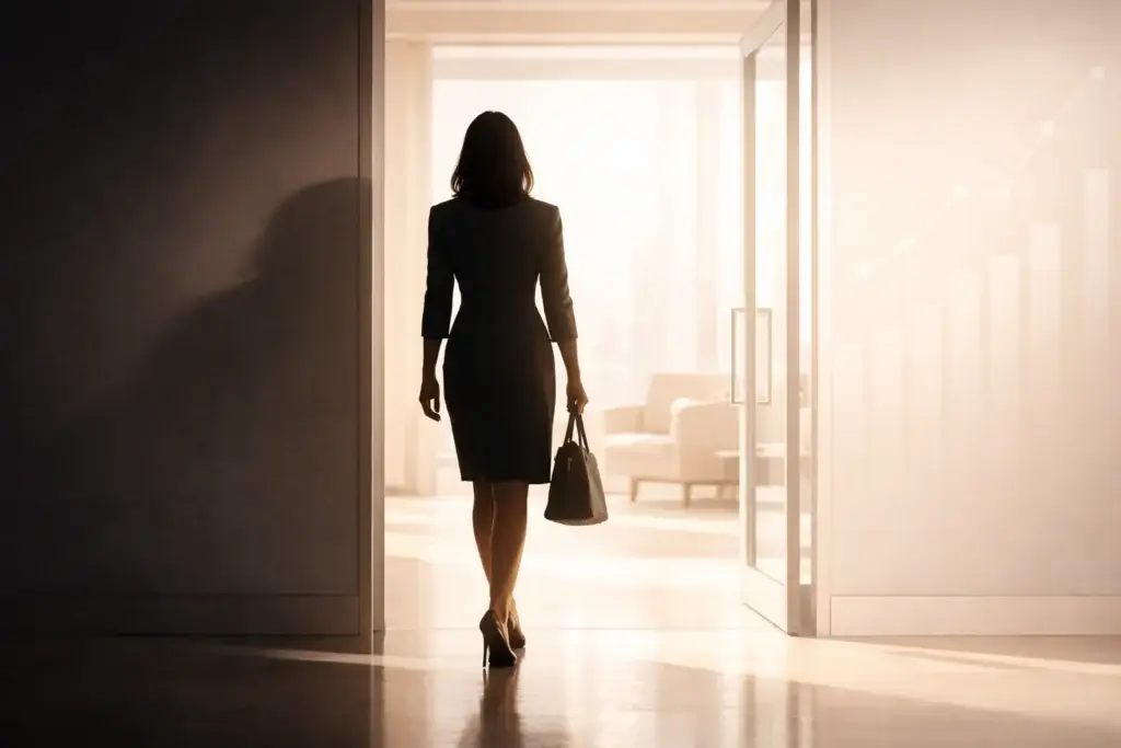 Woman business leader walking confidently into a bright office — taking action and starting before you're ready