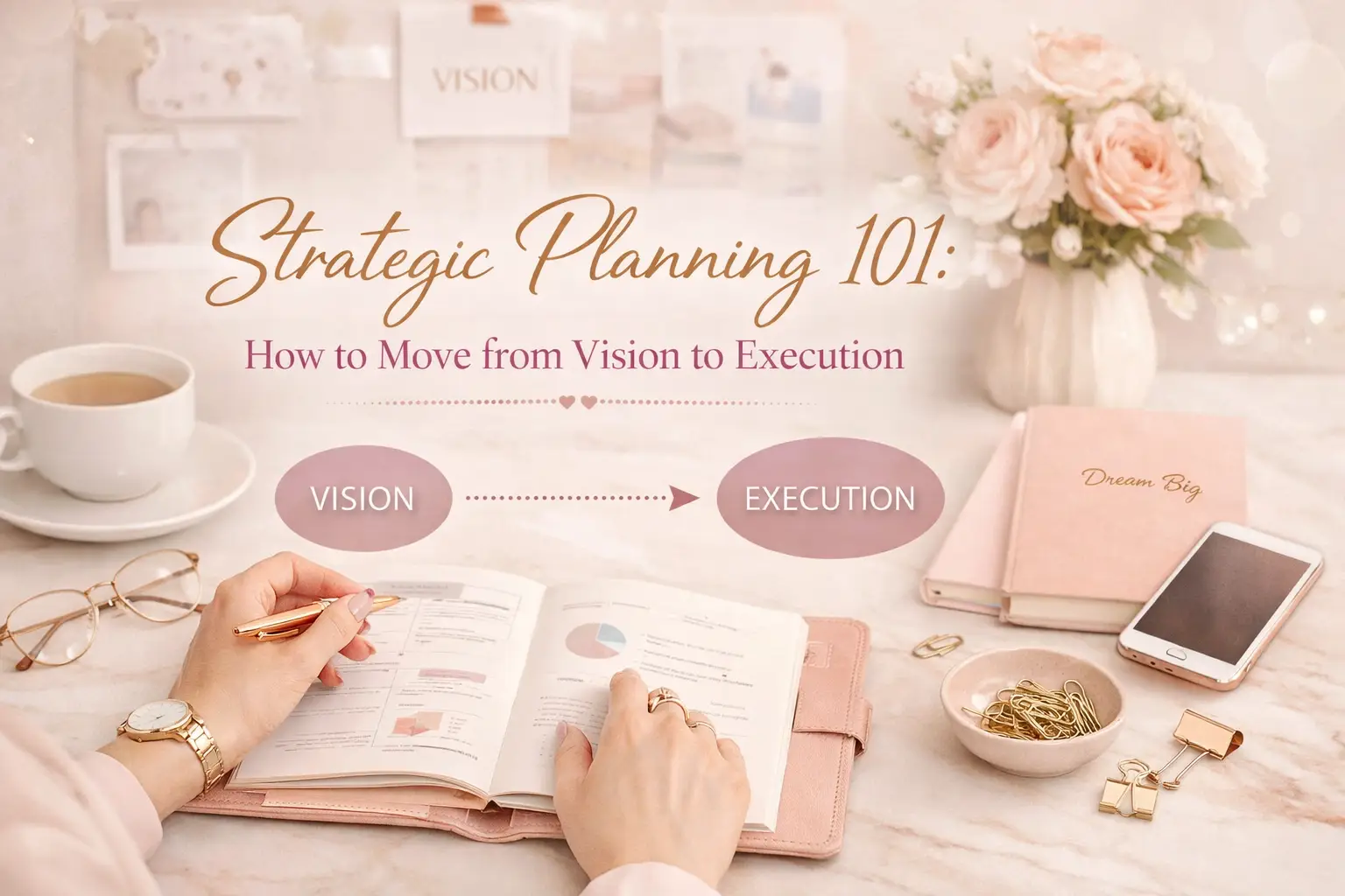 Woman working on strategic planning and writing in a planner at a marble desk with roses, tea, and notebooks — strategic planning from vision to execution