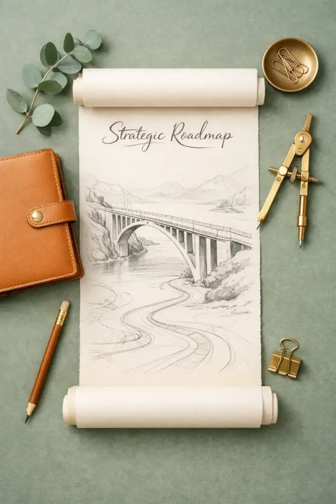 Unrolled parchment scroll labeled Strategic Roadmap with a pencil sketch of an arch bridge and winding road, surrounded by a leather planner, brass compass, pencil, and gold clips on a sage green surface