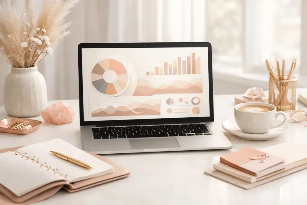 Elegant home office workspace with laptop showing business analytics dashboard — strategic planning for business owners and growth strategy