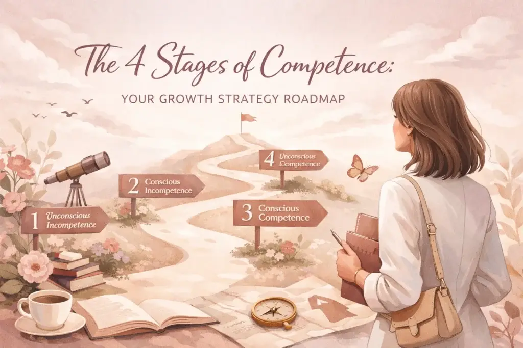 Illustrated roadmap showing a businesswoman looking toward four signposts labeled Unconscious Incompetence, Conscious Incompetence, Conscious Competence, and Unconscious Competence — representing the four stages of competence for business growth