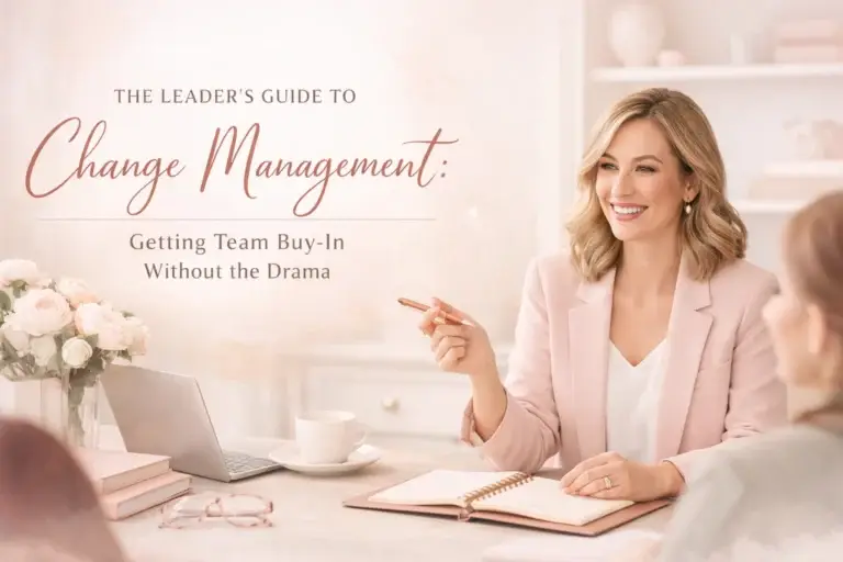 Business owner leading a change management conversation with her team — smiling, confident, notebook open at a bright consulting desk