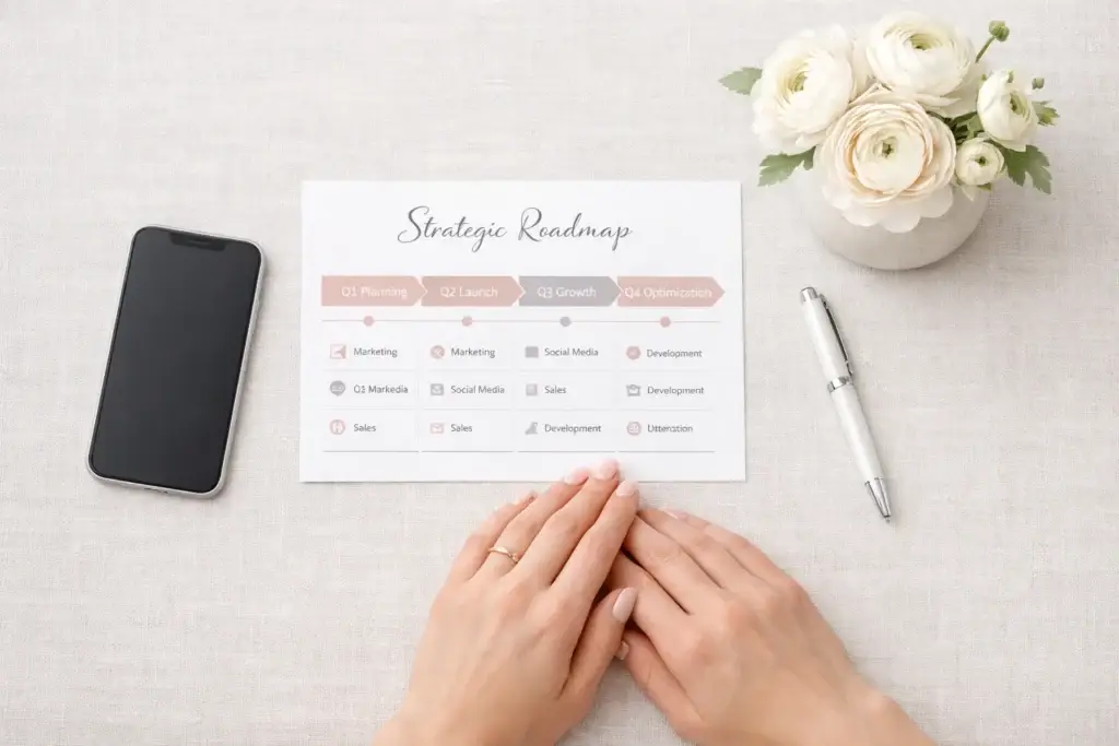 Business owner reviewing a strategic roadmap document with quarterly milestones — Q1 Planning through Q4 Optimization — laid out on a desk with a phone and pen